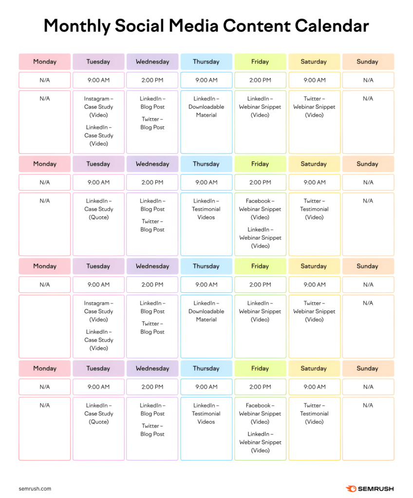 Monthly Social Media Content Calendar Template