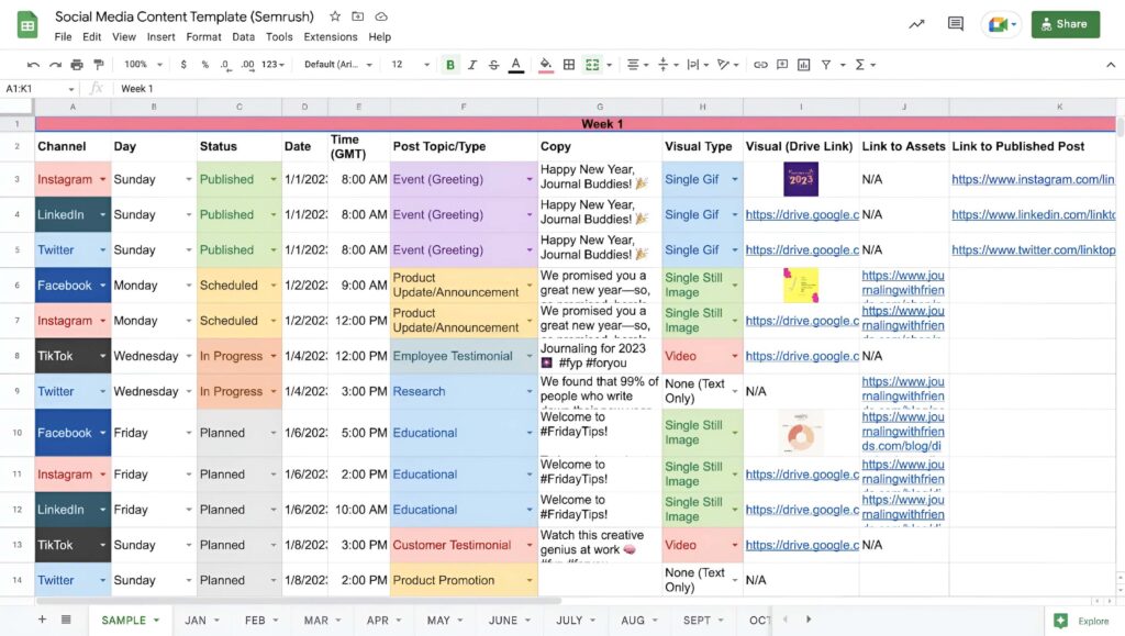 Social Media Content Calendar Template by Google Sheet.