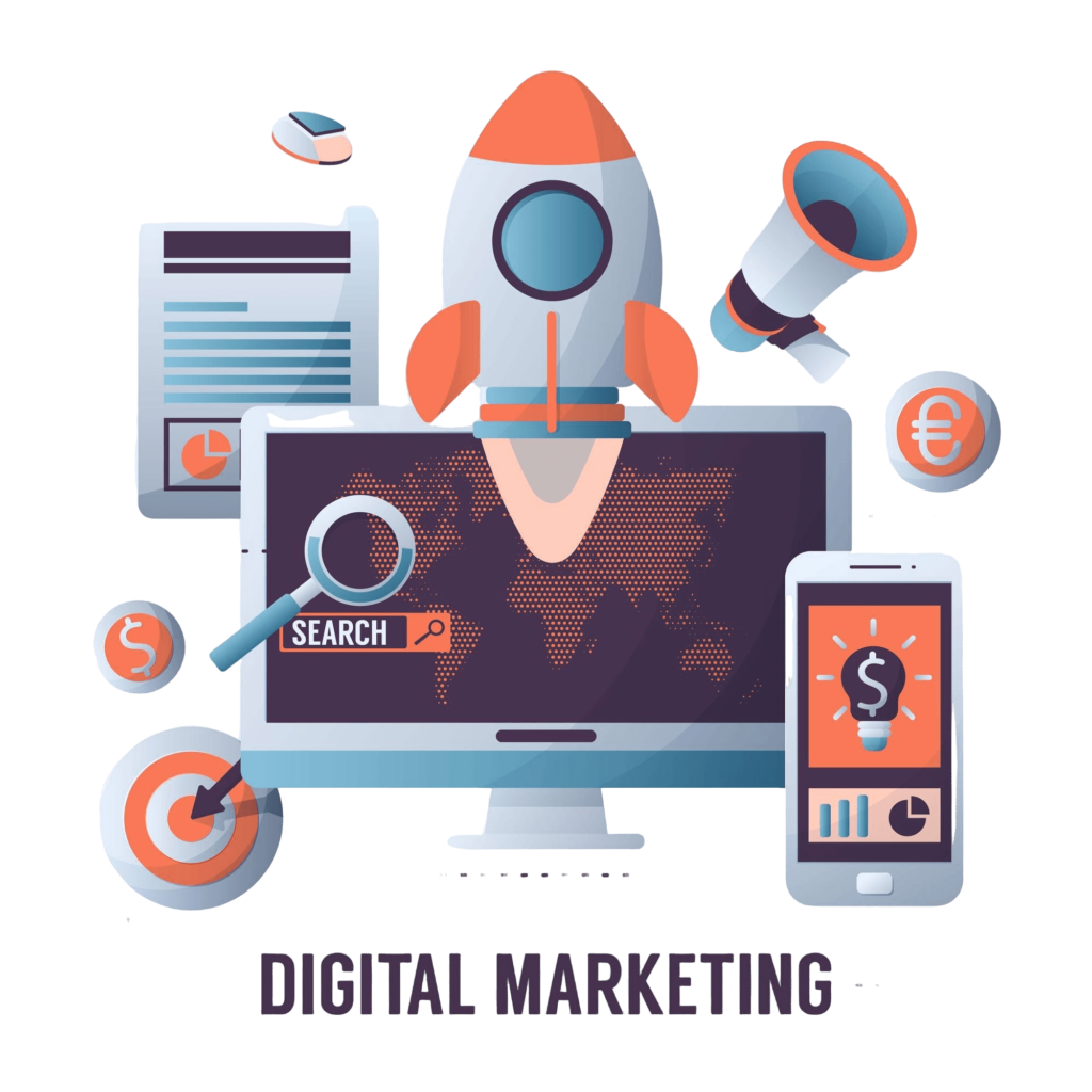 Digital marketing icons with rocket, magnifying glass, and computer