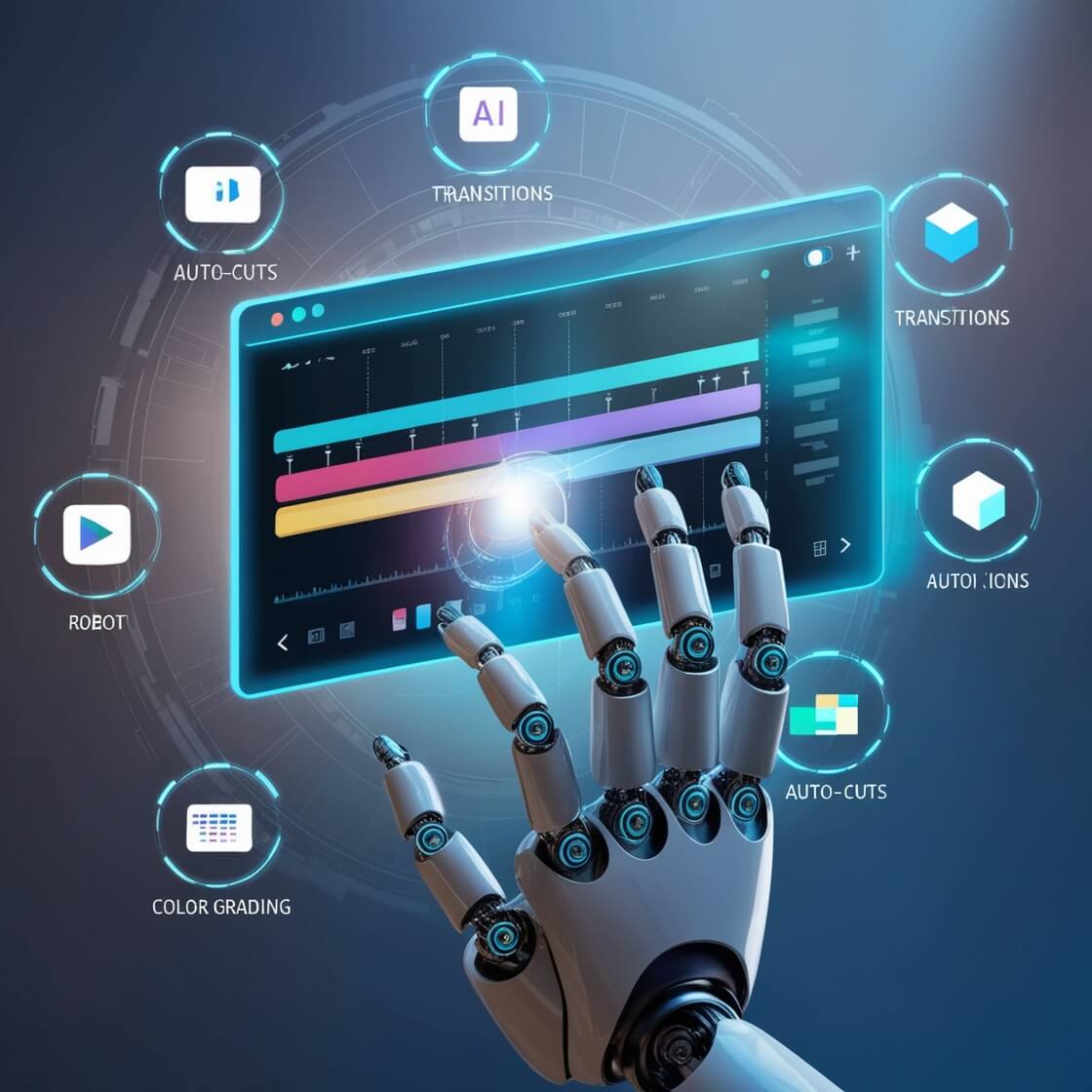 Robot hand using AI tools for video editing and transitions.