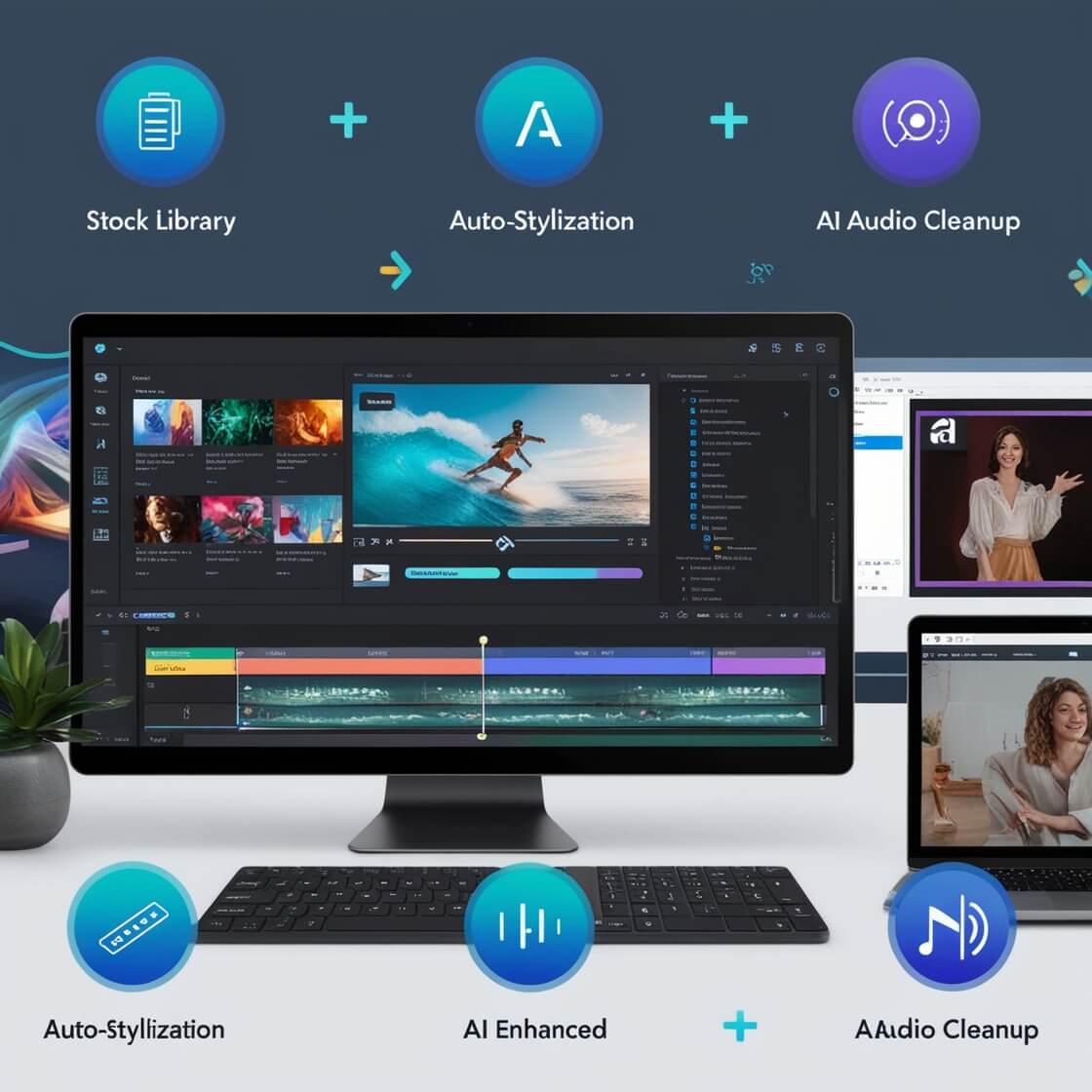 AI-driven video editing interface with auto tools and color grading.