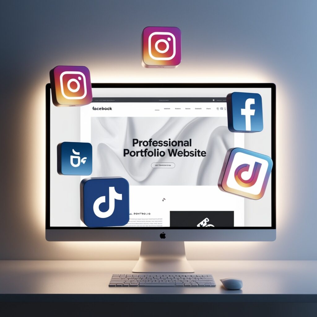 Portfolio website on desktop screen with social media icons for Instagram, Facebook, and TikTok.