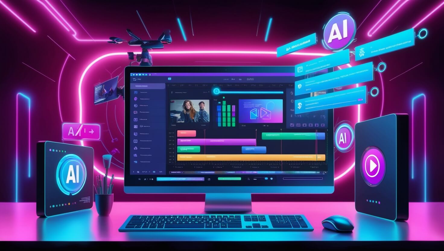 Futuristic AI video editing tool with advanced timeline and neon effects