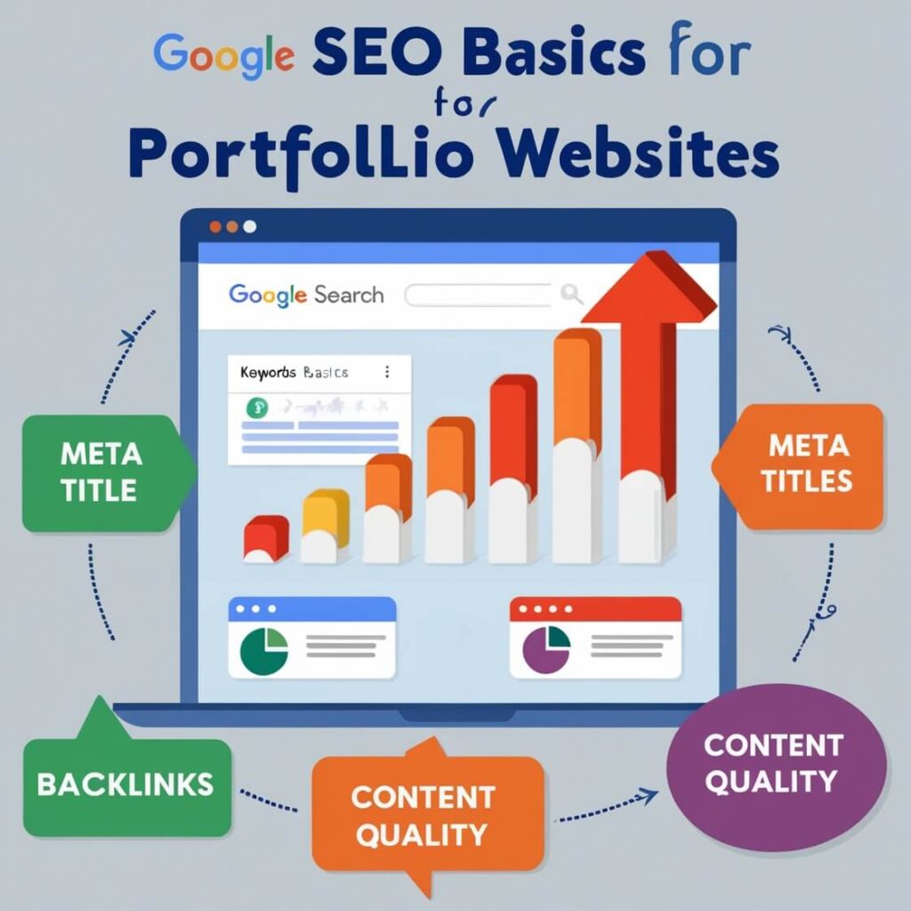 Google SEO principles for portfolio websites, including keywords, meta titles, backlinks, and content quality