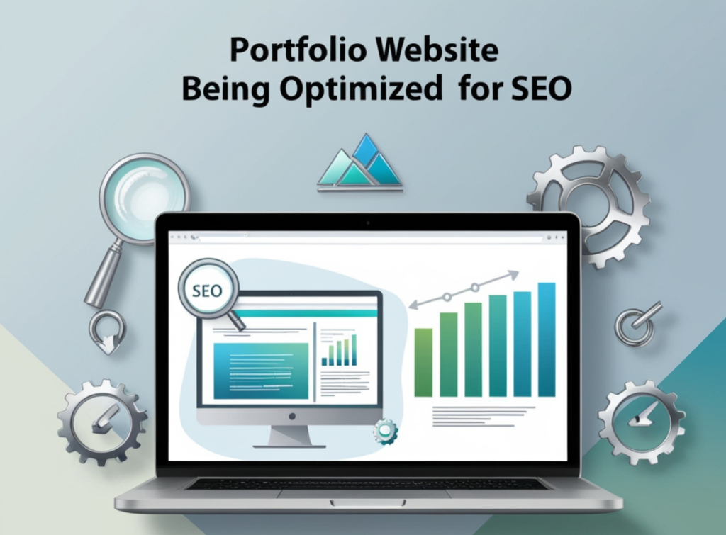 Laptop screen showing portfolio website optimization for SEO with icons representing growth, analysis, and search tools.