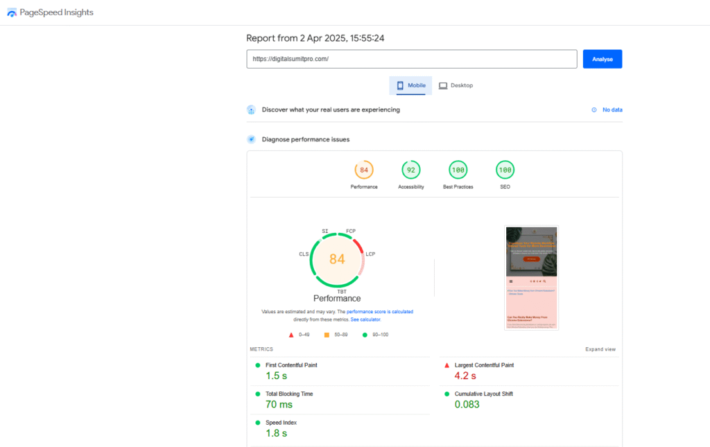 Page Speed Insight Mobile Result 2 April 2025