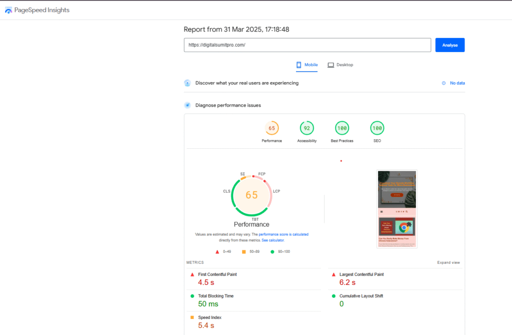 Page Speed Insights Mobile